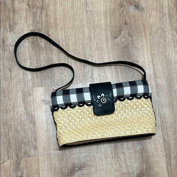 AMERICAN ANGEL | Black Leather and Woven Straw Handbag w/ Checkered Pattern - Picture 1 of 6